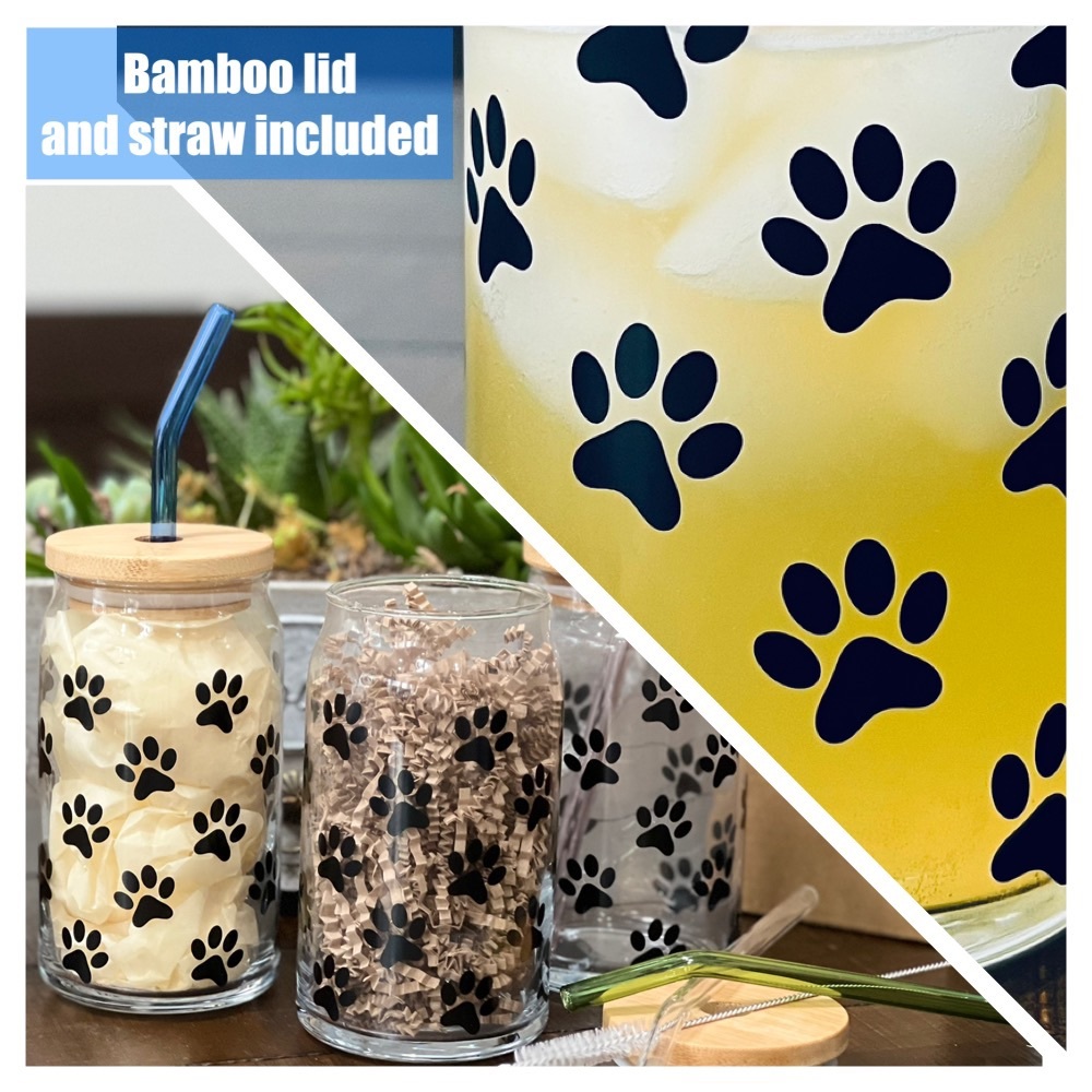 Paw Print Glass  with lid and straw - 16 oz